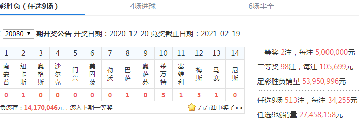 足彩2021095期开奖结果